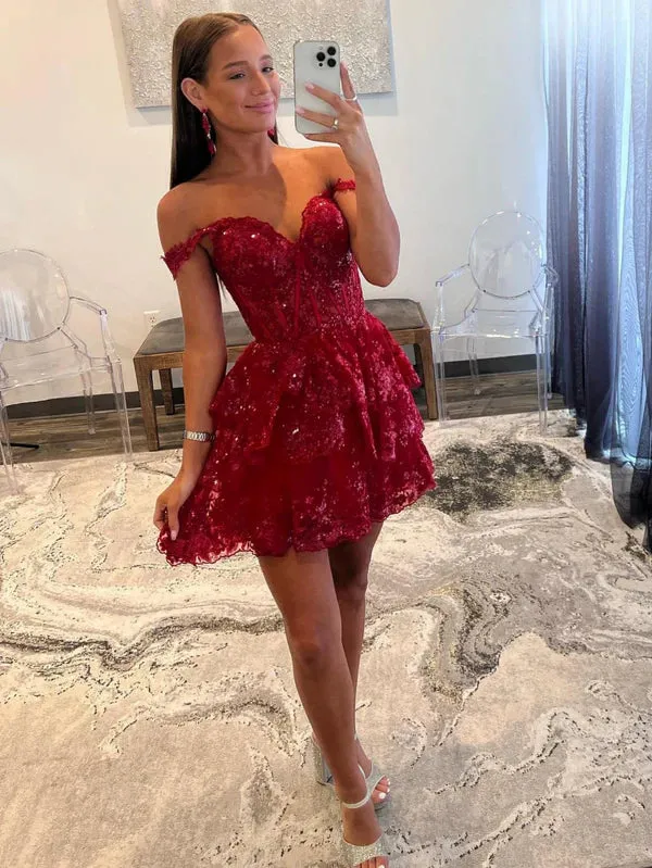 Luolandi A-Line Sweetheart Tiered Short Homecoming Dress Off Shoulder Sparkly Sexy