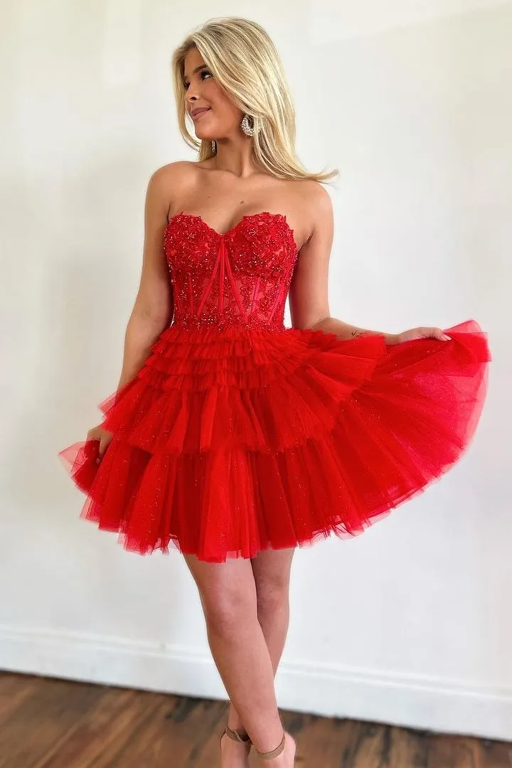 Luolandi Cute A Line Tiered Sweetheart Tulle Short Homecoming Dresses with Ruffles Beautiful