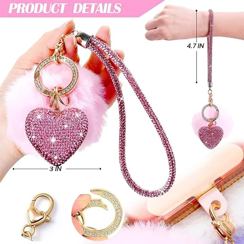 LUVI Cute Keychain for Women Bling Glitter Wristlet Key Chain Plush Soft Love Heart Diamond Rhinestone Accessories
