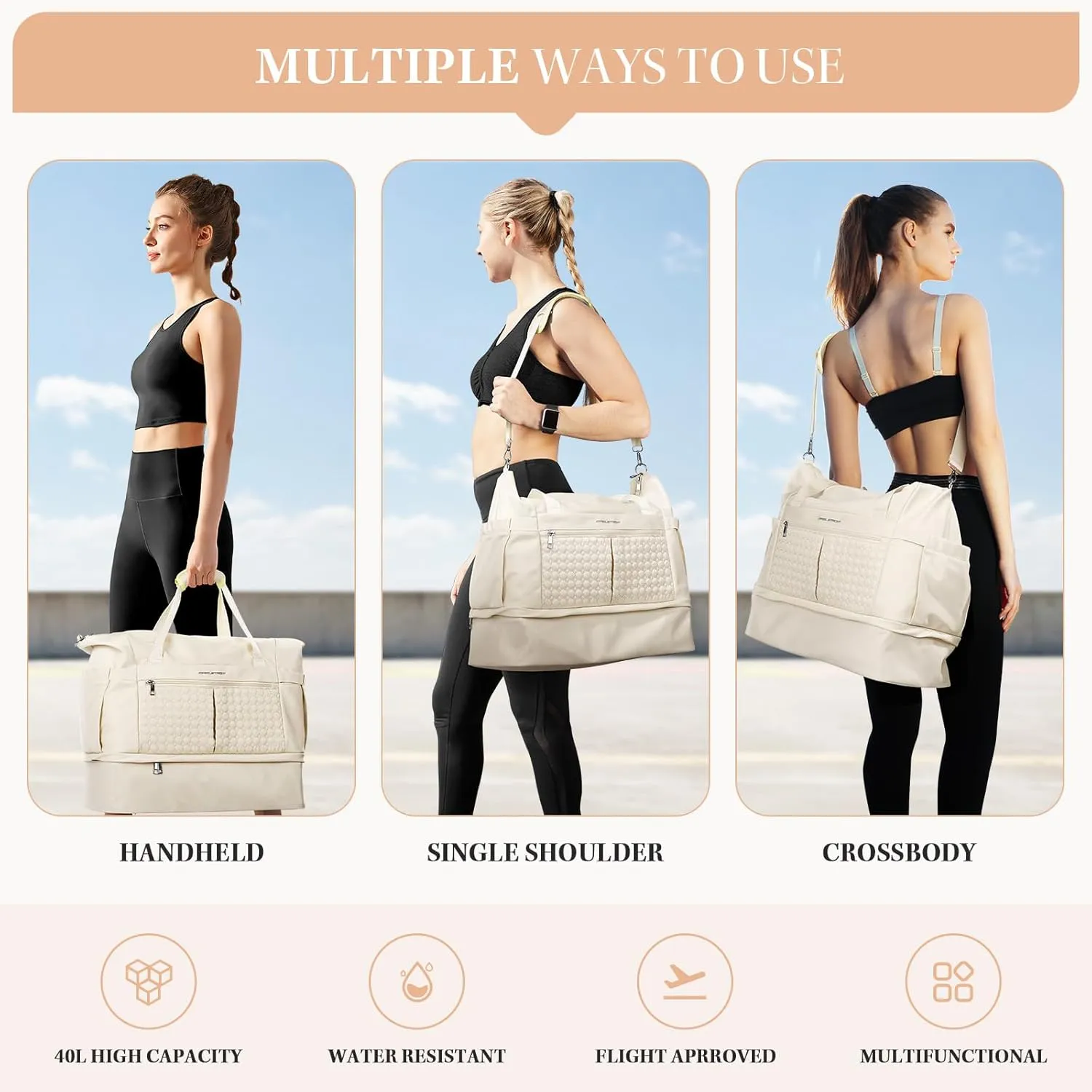 Maelstrom Gym Bag for Women,40L Travel Duffel Bag with Shoes Compartment and Wet Pocket,Waterproof Carry On Weekender Bag,Sport Gym Tote Bags Swimming Yoga, Hospital Holdalls-Beige