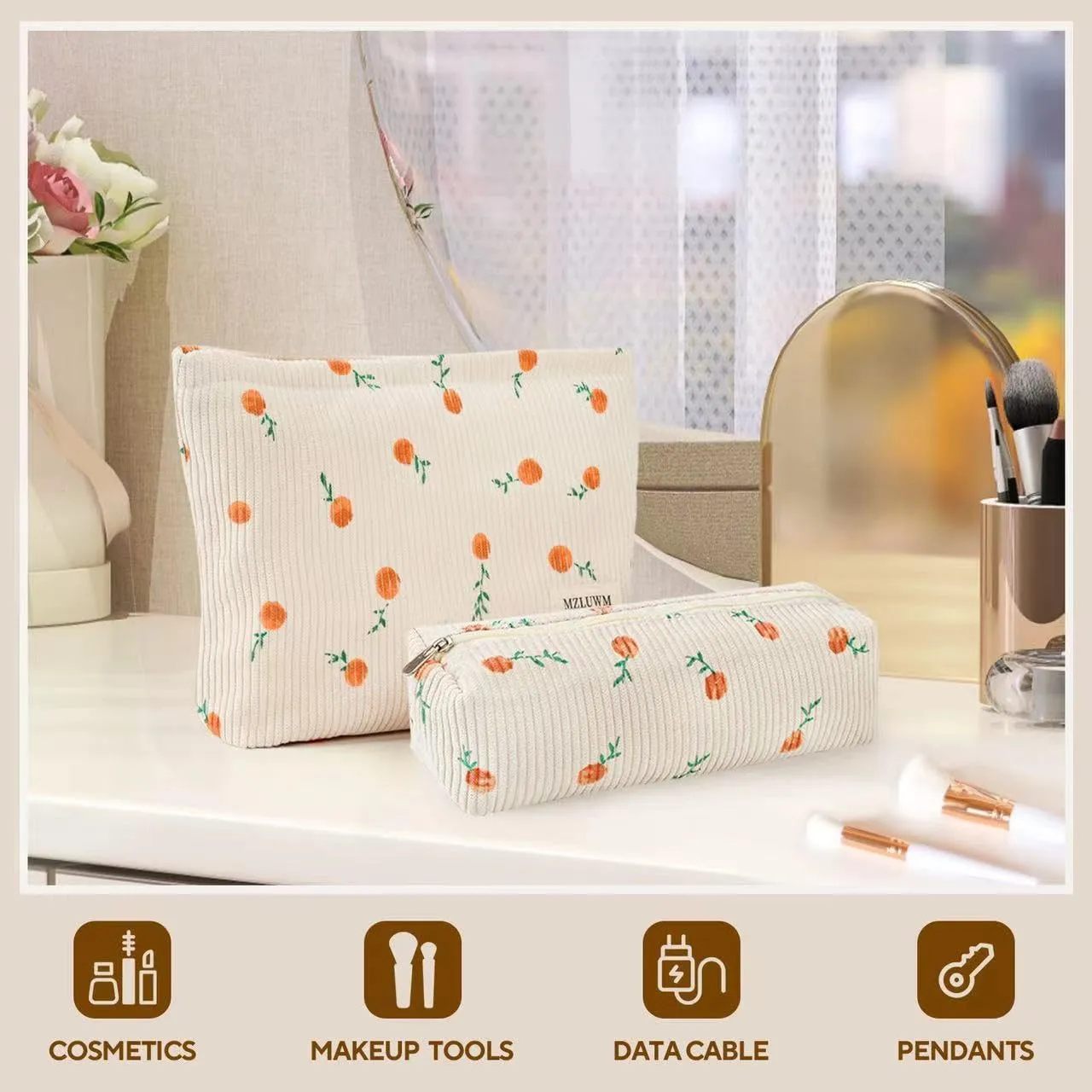 Makeup Bag, Cosmetic Bags for Women, Large Capacity Make up Bag and Brush Storage Bag,Corduroy Makeup bag Set,Aesthetic Women Handbags Purses, Travel Essentials Aesthetic Stuff
