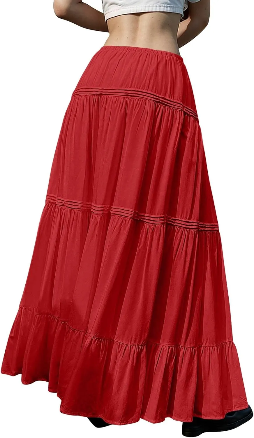 Maxi Skirts for Women Trendy Drawstring High Waisted Flowy Tiered Linen Skirt Pleated Ruffled A-Line Long Skirts