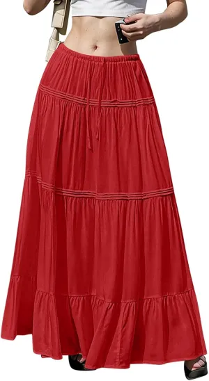 Maxi Skirts for Women Trendy Drawstring High Waisted Flowy Tiered Linen Skirt Pleated Ruffled A-Line Long Skirts