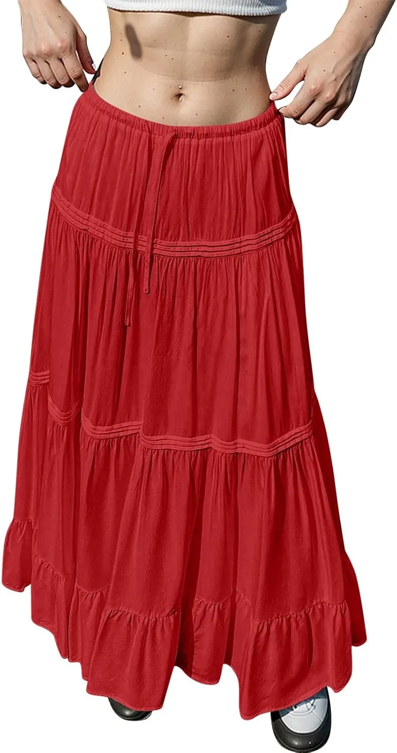 Maxi Skirts for Women Trendy Drawstring High Waisted Flowy Tiered Linen Skirt Pleated Ruffled A-Line Long Skirts