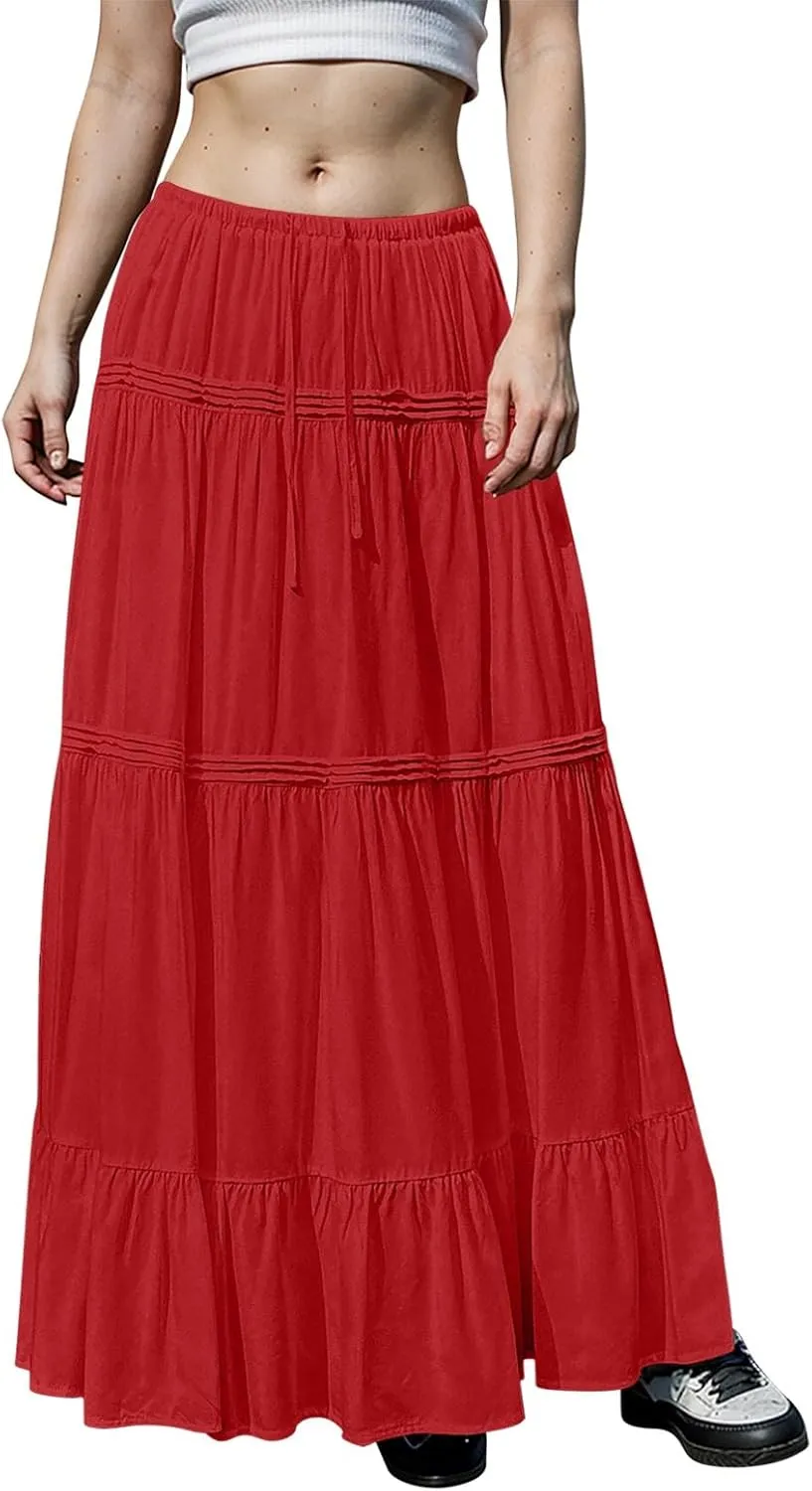 Maxi Skirts for Women Trendy Drawstring High Waisted Flowy Tiered Linen Skirt Pleated Ruffled A-Line Long Skirts
