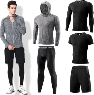 Mens 5Pcs Quick Dry Compression Sets Tops Accessories Clothes Equipment for Workout Gym Athletic Running Sport