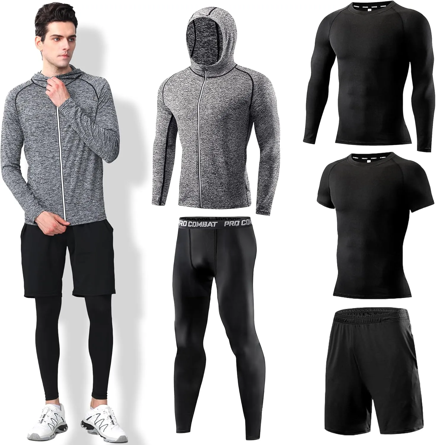 Mens 5Pcs Quick Dry Compression Sets Tops Accessories Clothes Equipment for Workout Gym Athletic Running Sport