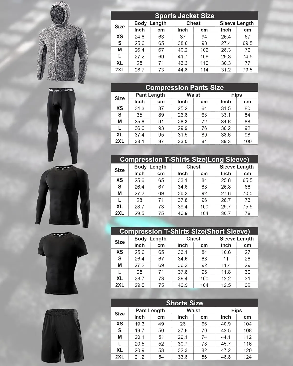Mens 5Pcs Quick Dry Compression Sets Tops Accessories Clothes Equipment for Workout Gym Athletic Running Sport