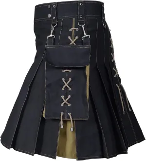 Mens Fashion Casual Scottish Plaid Contrast Pocket Pleated Skirt Mens Kilts Utility Kilt Accessories Leather Men