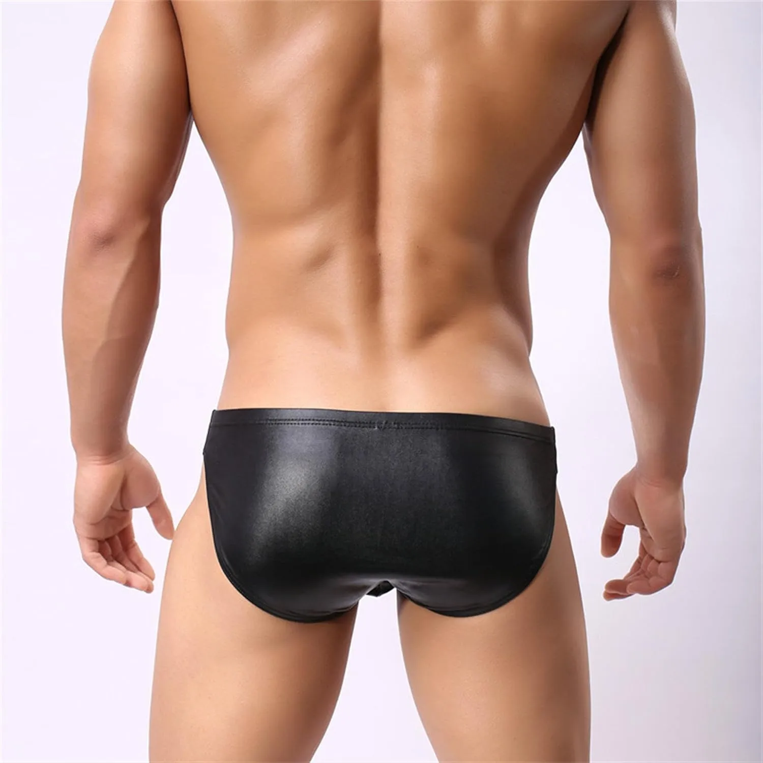 Men's Sexy Patent Leather Convex Underwear Low-Waist Body-Shaping Boxer Briefs Knitted Nylon Underpants