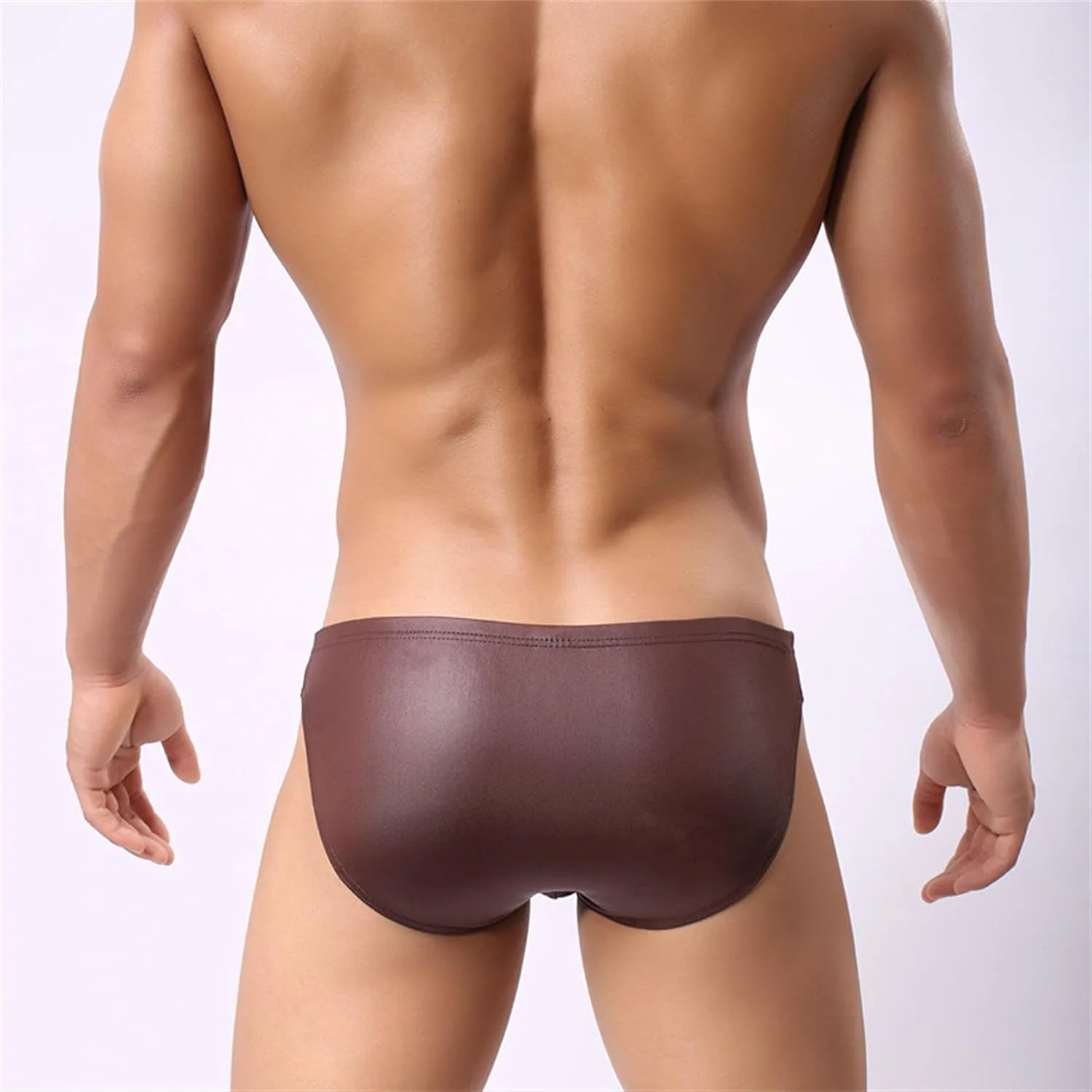 Men's Sexy Patent Leather Convex Underwear Low-Waist Body-Shaping Boxer Briefs Knitted Nylon Underpants