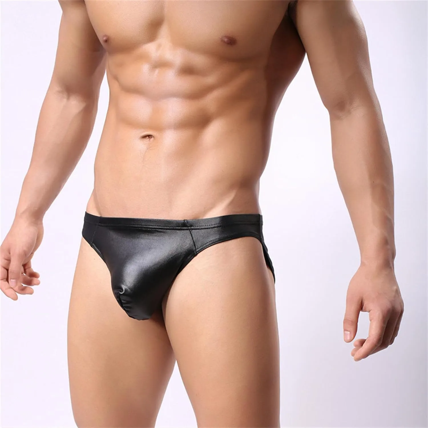 Men's Sexy Patent Leather Convex Underwear Low-Waist Body-Shaping Boxer Briefs Knitted Nylon Underpants