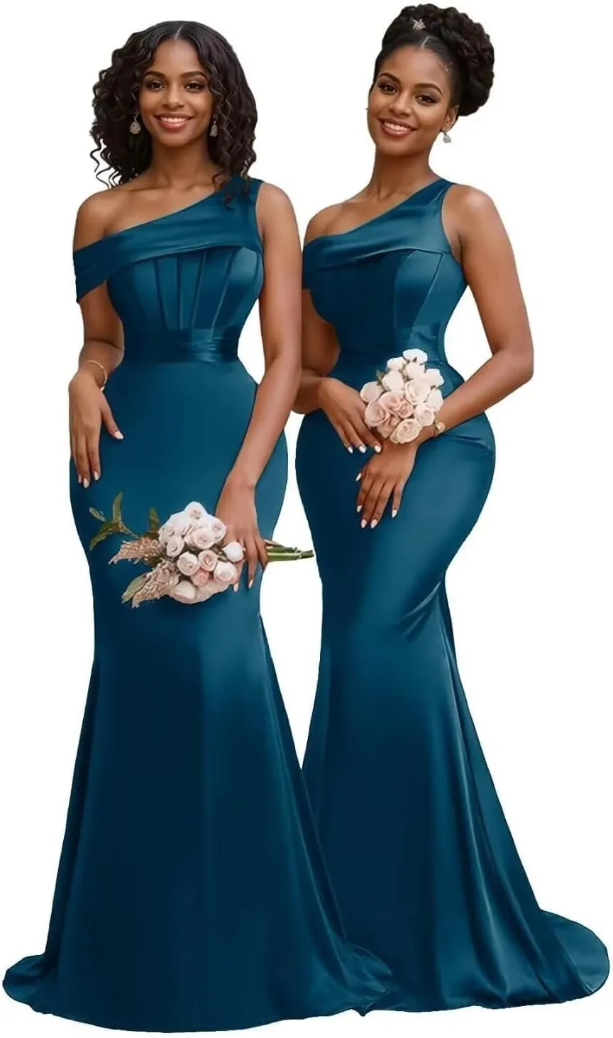 Mermaid One Shoulder Bridesmaid Dresses for Women 2025 Satin Long Corset Prom Dresses Formal Evening Gown BD709