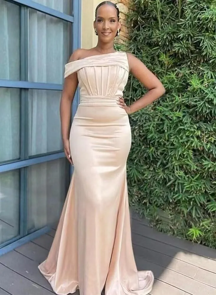 Mermaid One Shoulder Bridesmaid Dresses for Women 2025 Satin Long Corset Prom Dresses Formal Evening Gown BD709