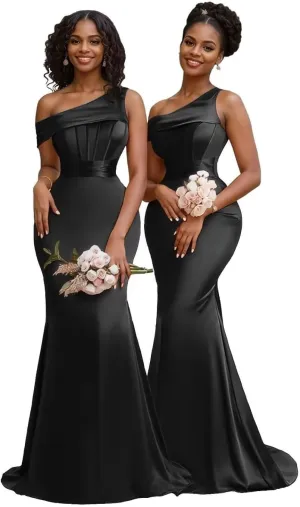 Mermaid One Shoulder Bridesmaid Dresses for Women 2025 Satin Long Corset Prom Dresses Formal Evening Gown BD709