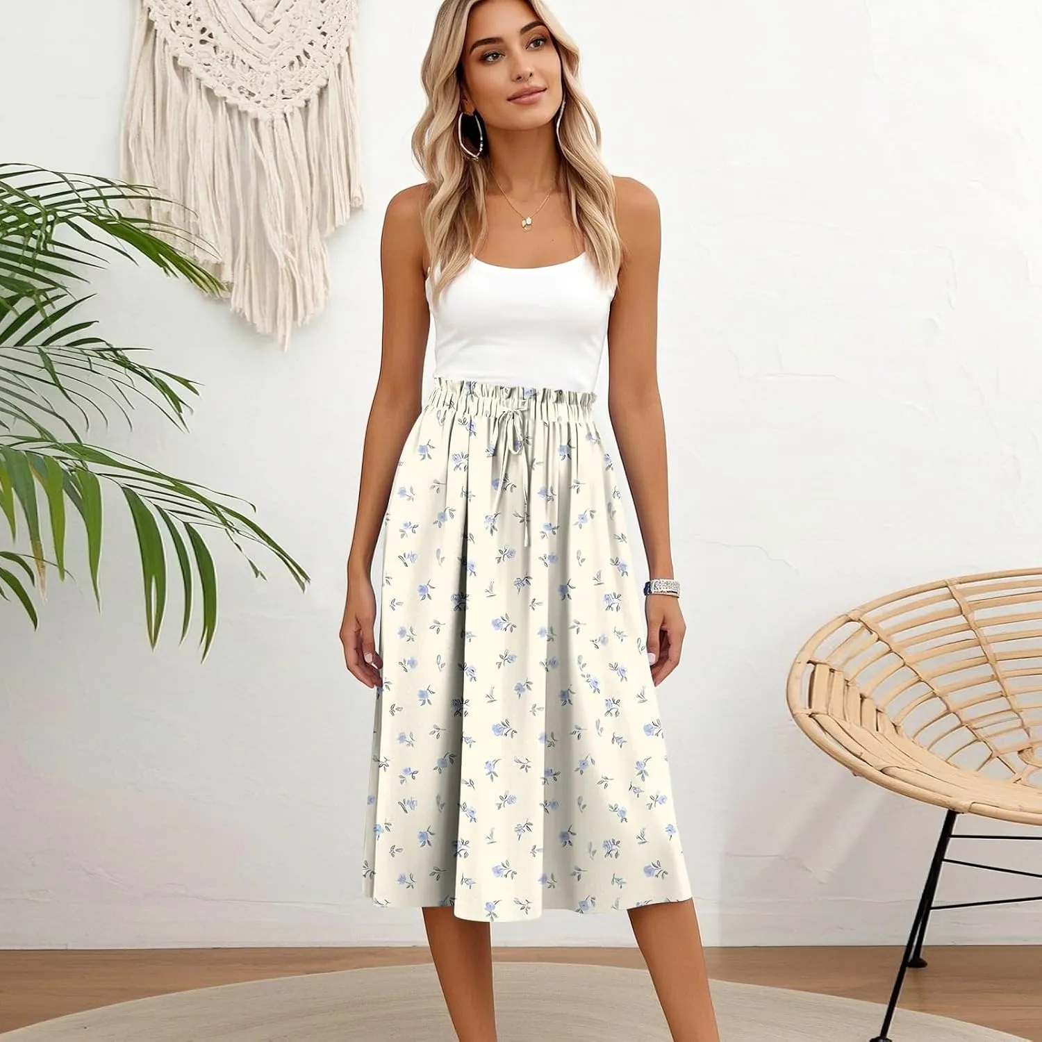 Midi Boho Floral Skirts for Women Trendy Drawstring High Elastic Waist Comfy Flowy A Line Skirt Skorts