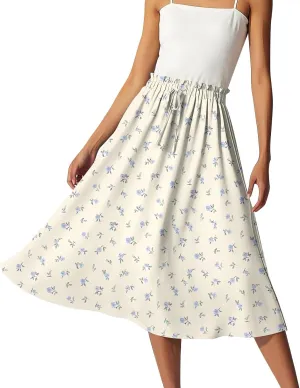 Midi Boho Floral Skirts for Women Trendy Drawstring High Elastic Waist Comfy Flowy A Line Skirt Skorts