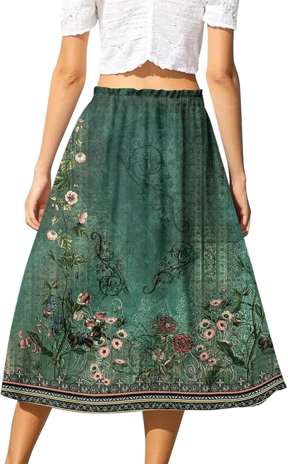 Midi Boho Floral Skirts for Women Trendy Drawstring High Elastic Waist Comfy Flowy A Line Skirt Skorts