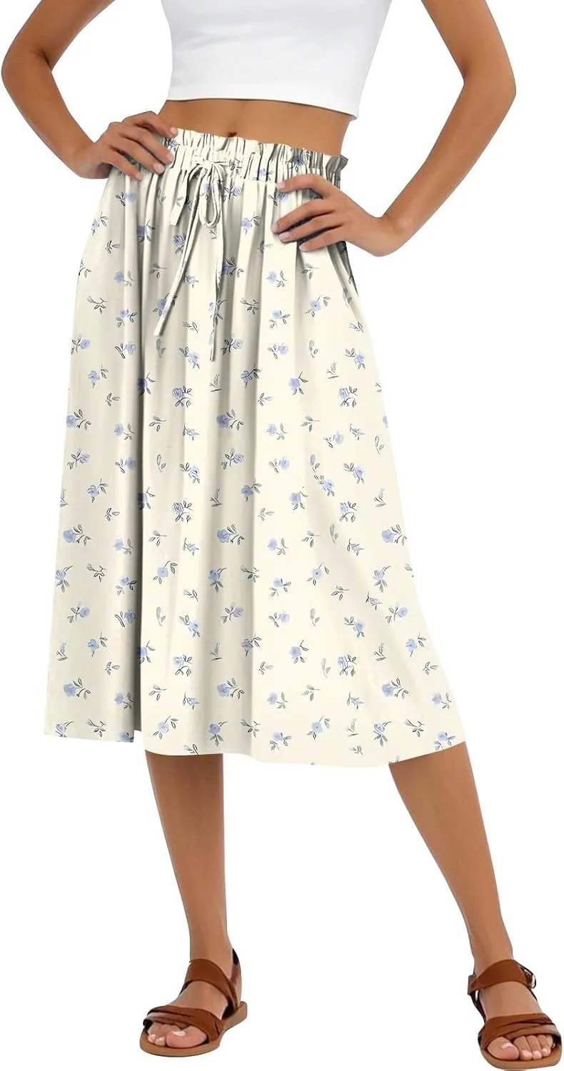 Midi Boho Floral Skirts for Women Trendy Drawstring High Elastic Waist Comfy Flowy A Line Skirt Skorts