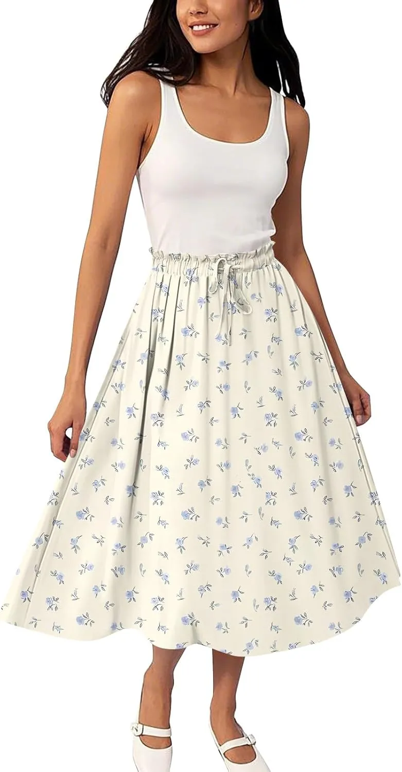 Midi Boho Floral Skirts for Women Trendy Drawstring High Elastic Waist Comfy Flowy A Line Skirt Skorts