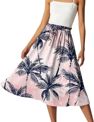 Midi Boho Floral Skirts for Women Trendy Drawstring High Elastic Waist Comfy Flowy A Line Skirt Skorts