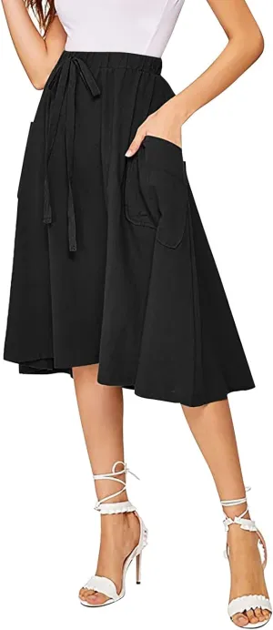 Midi Skirt for Women Women's Casual High Waist Pleated A Line Midi Skirt with Pocket Women Skirts Midi Length