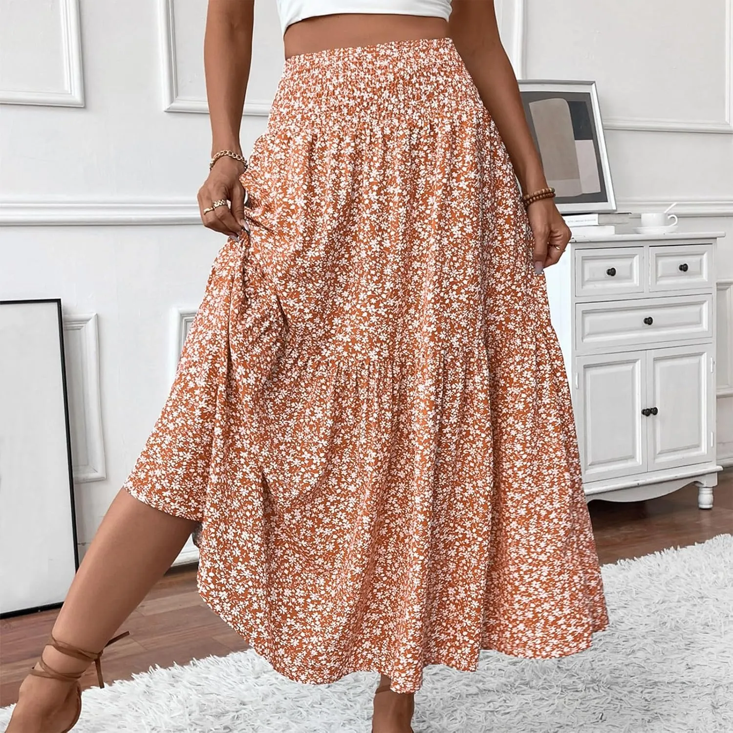 Midi Skirt,Flowy Long Skirts for Women 2025 Elastic High Waisted Pleated Womens Boho Maxi Skirt with Pockets Summer