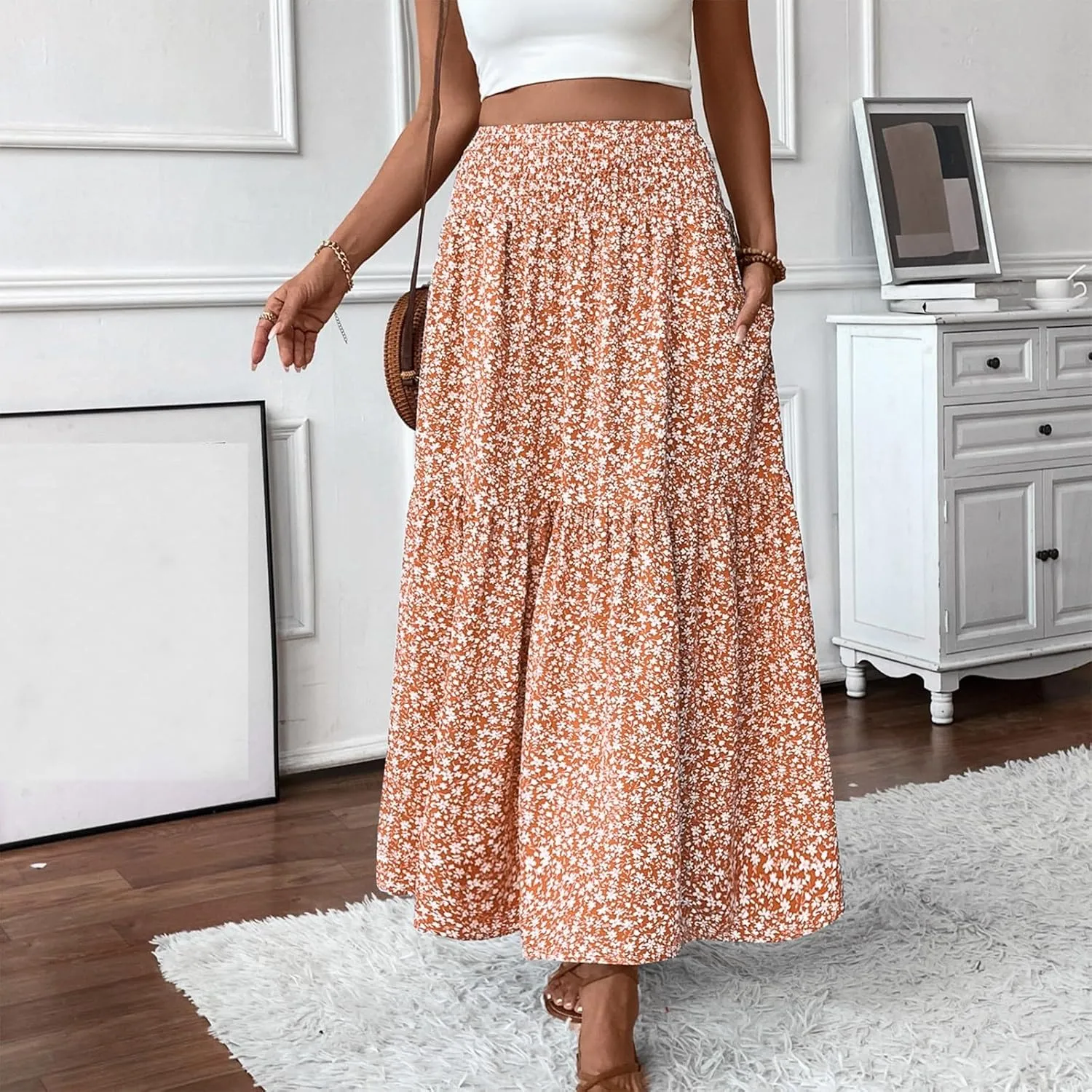 Midi Skirt,Flowy Long Skirts for Women 2025 Elastic High Waisted Pleated Womens Boho Maxi Skirt with Pockets Summer