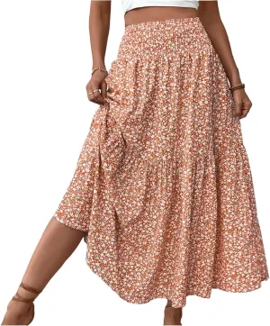 Midi Skirt,Flowy Long Skirts for Women 2025 Elastic High Waisted Pleated Womens Boho Maxi Skirt with Pockets Summer