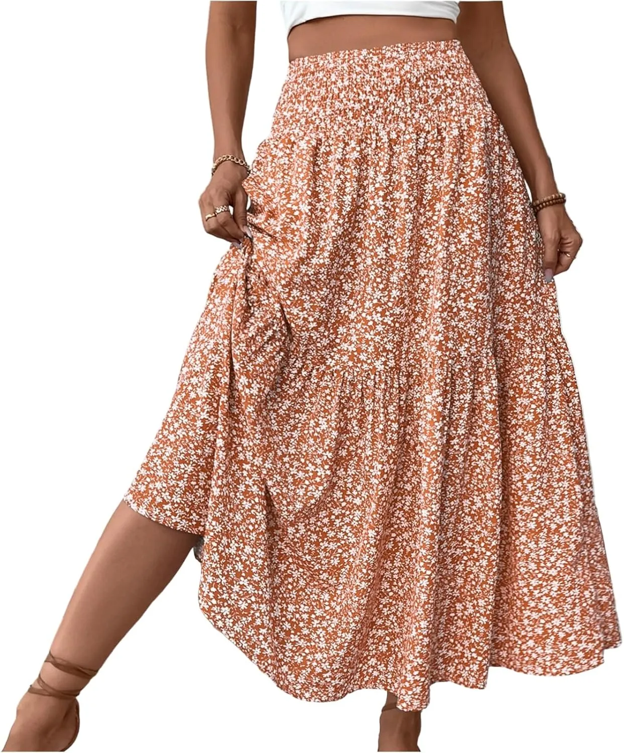 Midi Skirt,Flowy Long Skirts for Women 2025 Elastic High Waisted Pleated Womens Boho Maxi Skirt with Pockets Summer