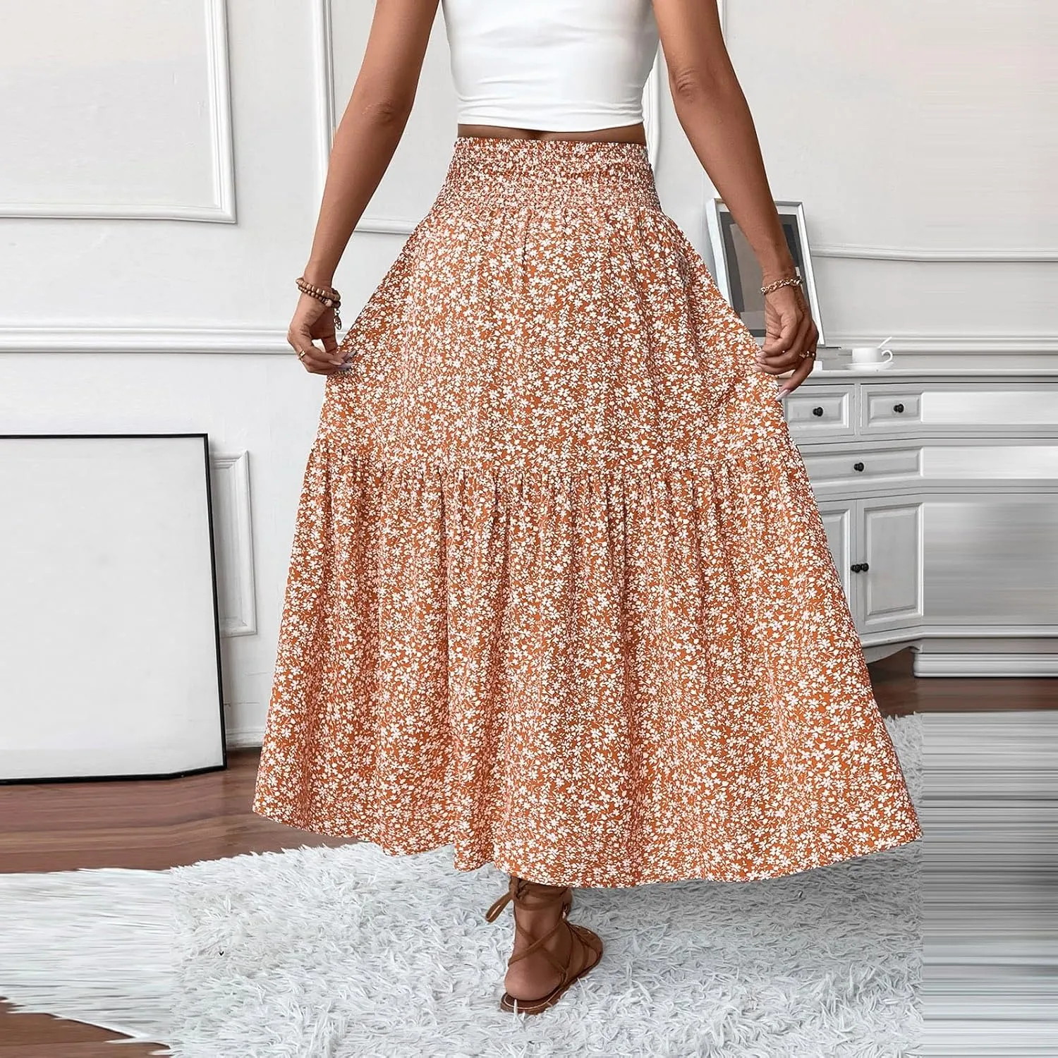 Midi Skirt,Flowy Long Skirts for Women 2025 Elastic High Waisted Pleated Womens Boho Maxi Skirt with Pockets Summer