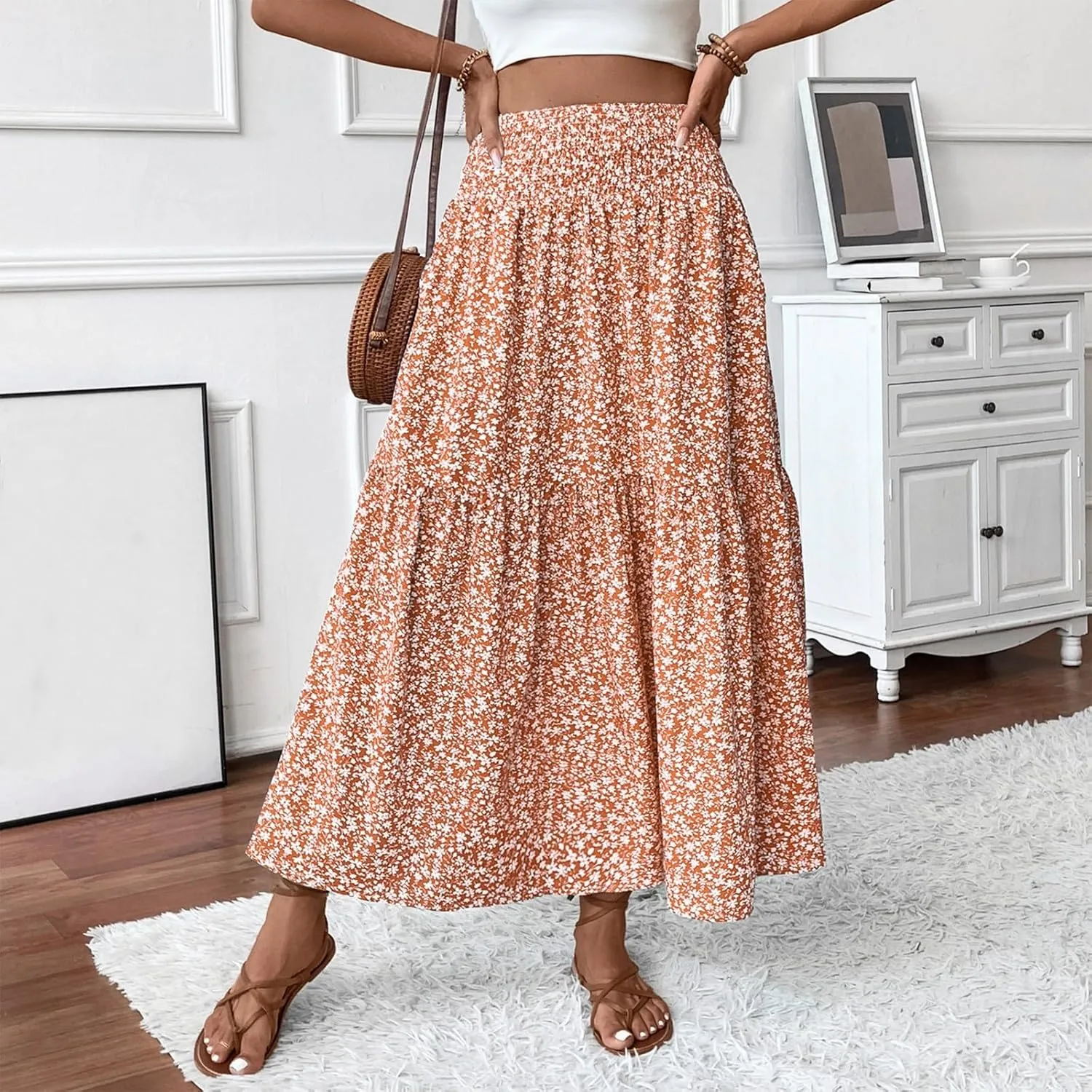 Midi Skirt,Flowy Long Skirts for Women 2025 Elastic High Waisted Pleated Womens Boho Maxi Skirt with Pockets Summer