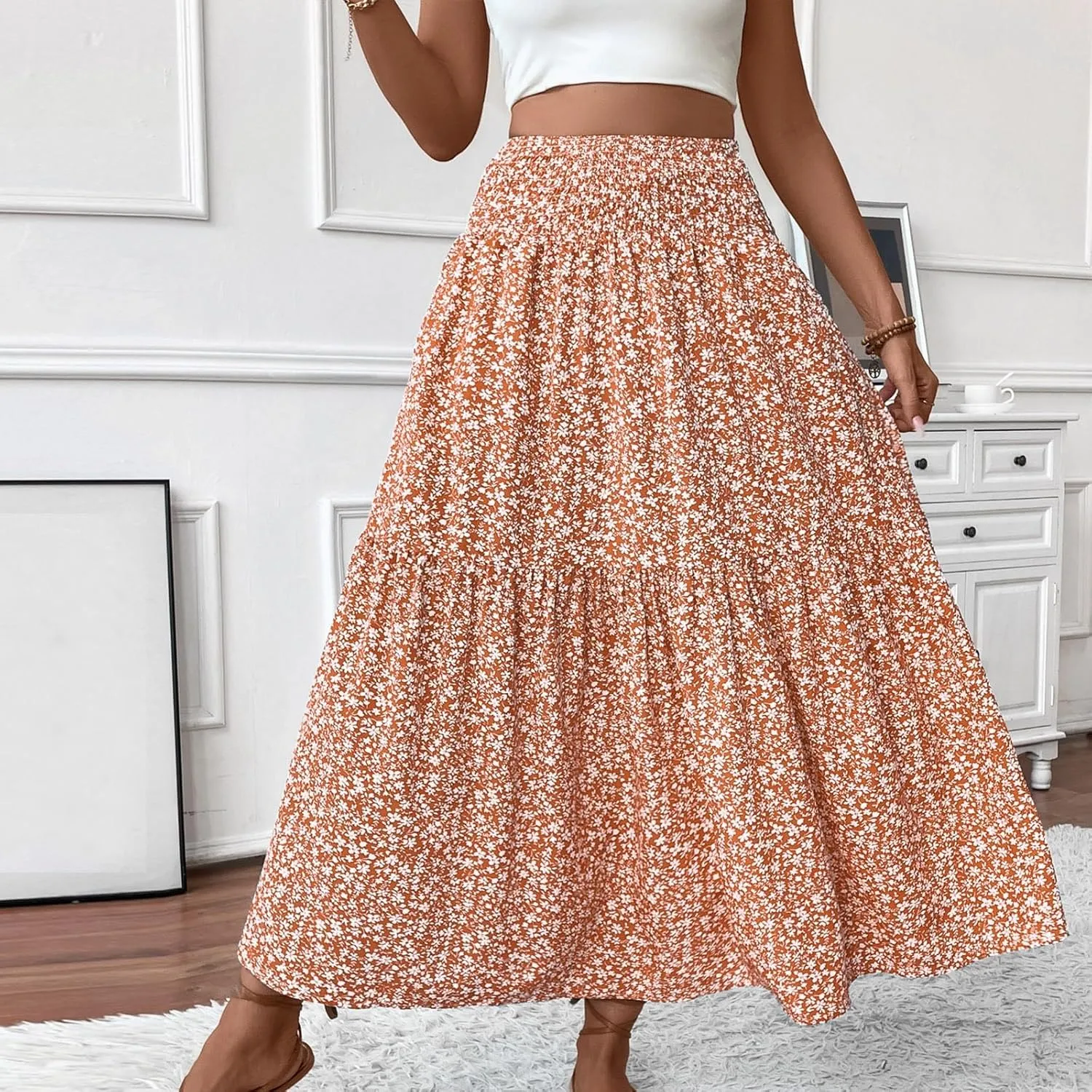 Midi Skirt,Flowy Long Skirts for Women 2025 Elastic High Waisted Pleated Womens Boho Maxi Skirt with Pockets Summer