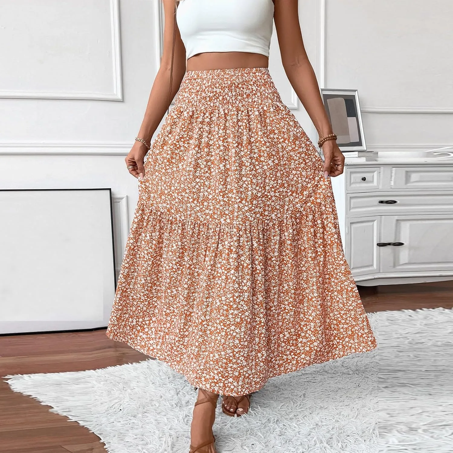 Midi Skirt,Flowy Long Skirts for Women 2025 Elastic High Waisted Pleated Womens Boho Maxi Skirt with Pockets Summer