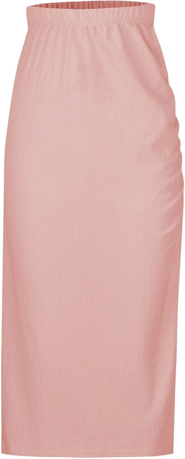 Midi Skirts for Women High Waisted Pencil Skirt with Split Ruched Bodycon Skirts Elastic Maxi Skirt Casual Skirts