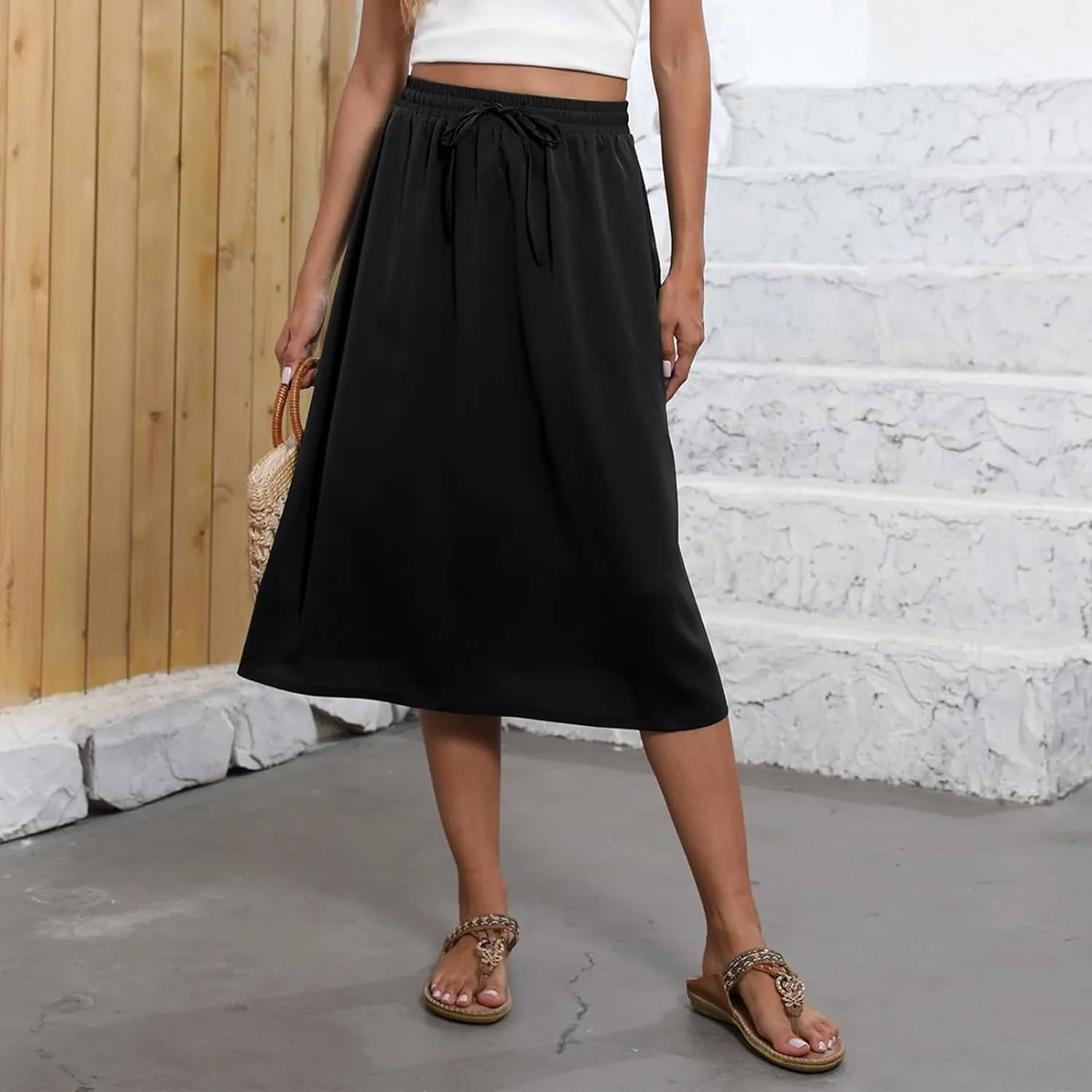 Midi Skirts for Women Trendy Summer Floral A Line Skirts Elastic High Waisted Boho Beach Swing Flowy Skirt w/Pockets