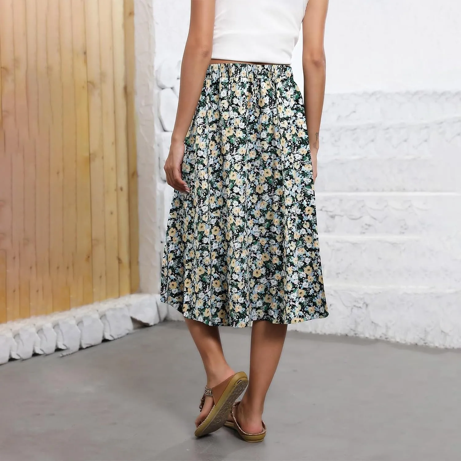 Midi Skirts for Women Trendy Summer Floral A Line Skirts Elastic High Waisted Boho Beach Swing Flowy Skirt w/Pockets