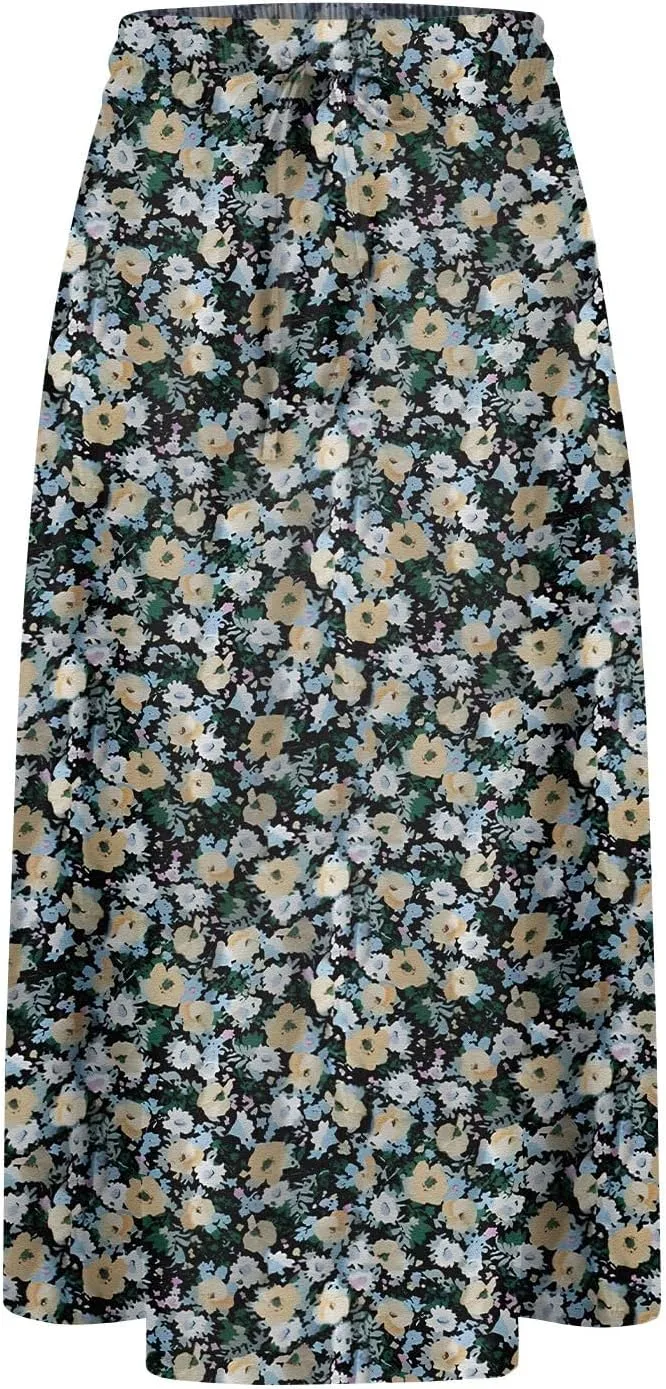 Midi Skirts for Women Trendy Summer Floral A Line Skirts Elastic High Waisted Boho Beach Swing Flowy Skirt w/Pockets