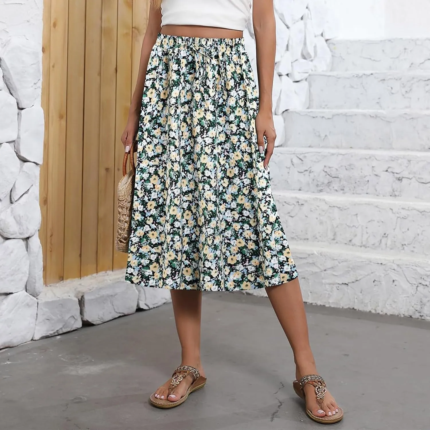 Midi Skirts for Women Trendy Summer Floral A Line Skirts Elastic High Waisted Boho Beach Swing Flowy Skirt w/Pockets