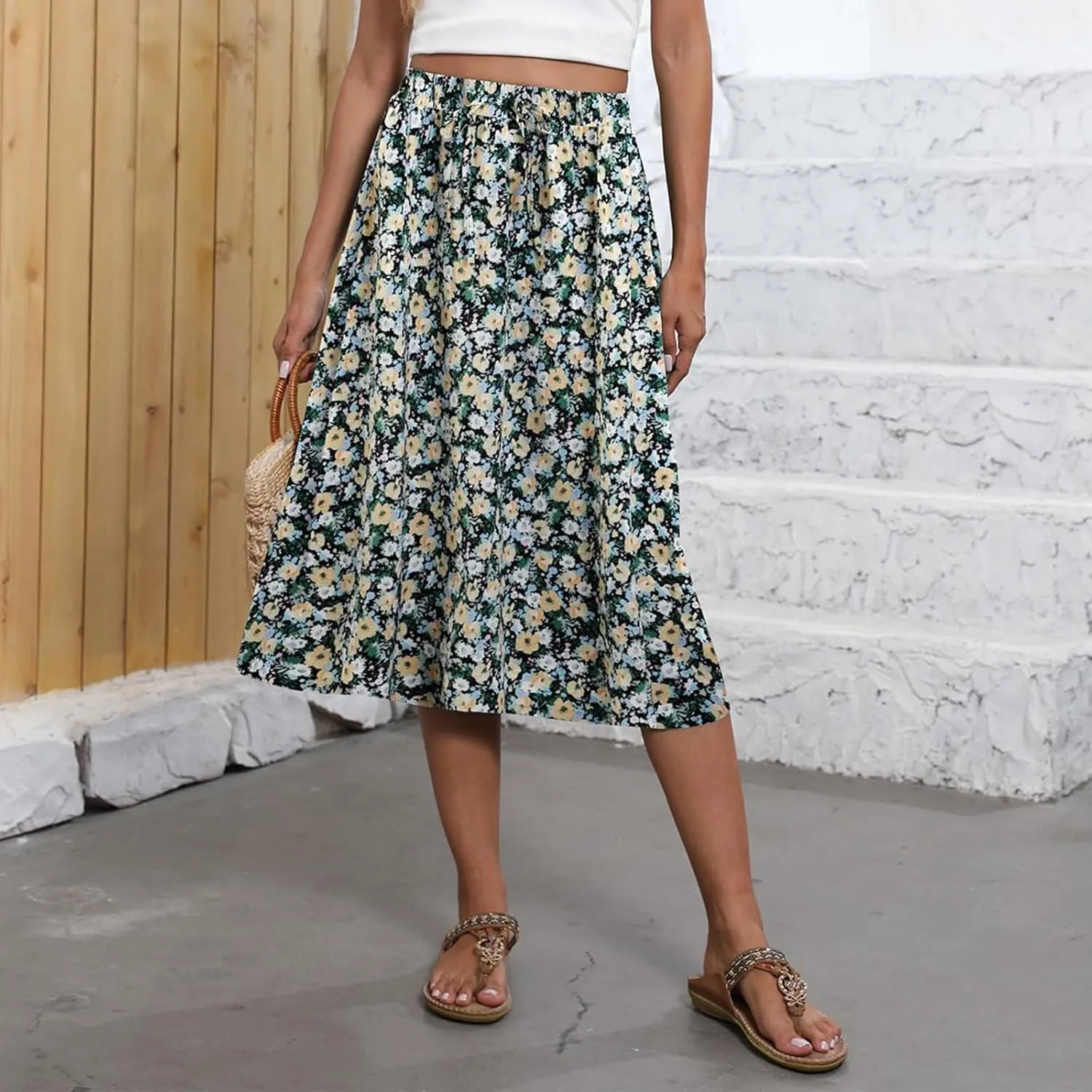 Midi Skirts for Women Trendy Summer Floral A Line Skirts Elastic High Waisted Boho Beach Swing Flowy Skirt w/Pockets