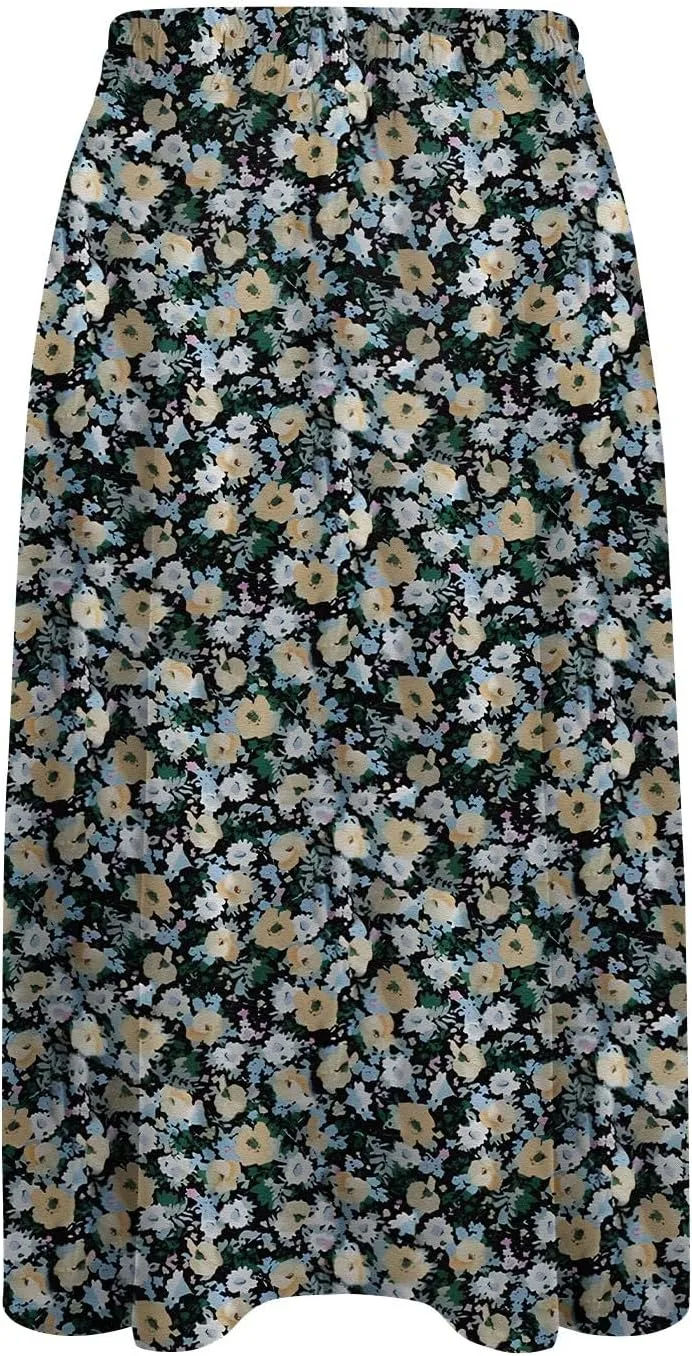 Midi Skirts for Women Trendy Summer Floral A Line Skirts Elastic High Waisted Boho Beach Swing Flowy Skirt w/Pockets
