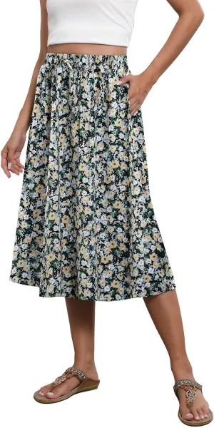 Midi Skirts for Women Trendy Summer Floral A Line Skirts Elastic High Waisted Boho Beach Swing Flowy Skirt w/Pockets
