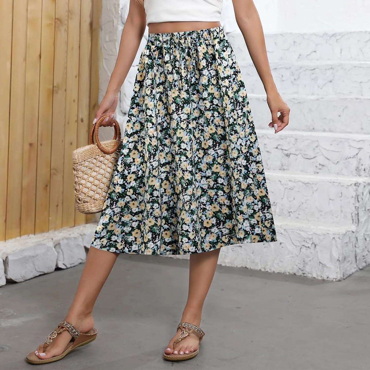 Midi Skirts for Women Trendy Summer Floral A Line Skirts Elastic High Waisted Boho Beach Swing Flowy Skirt w/Pockets