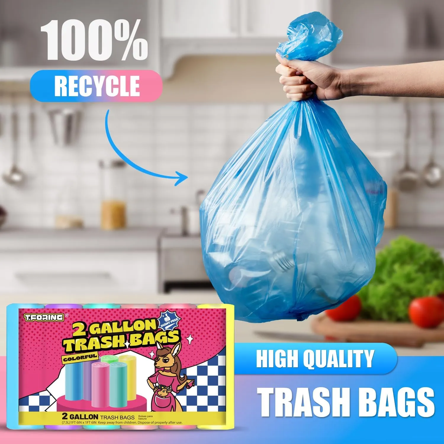 Mini Trash Bags 2 Gallon - 150 Count Small Garbage Bags Unscented,7.5 Liter Colored Plastic Trash Can Liners,Thick Waste Basket Liners for Bathroom Home and Office