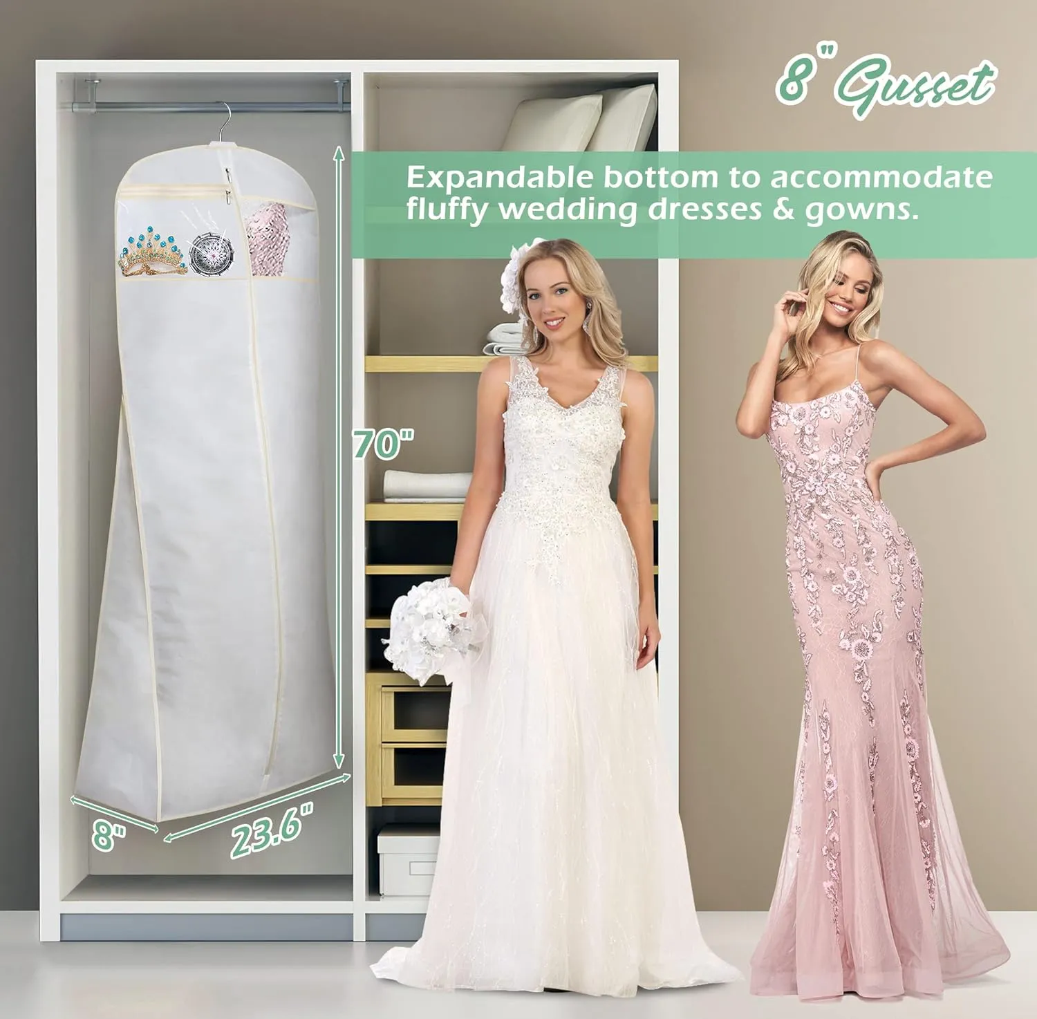 MISSLO 70" Bridal Wedding Gown Dress Garment Bag with Accessories Pouch Large Travel Garment Cover 8" Gusset (White)