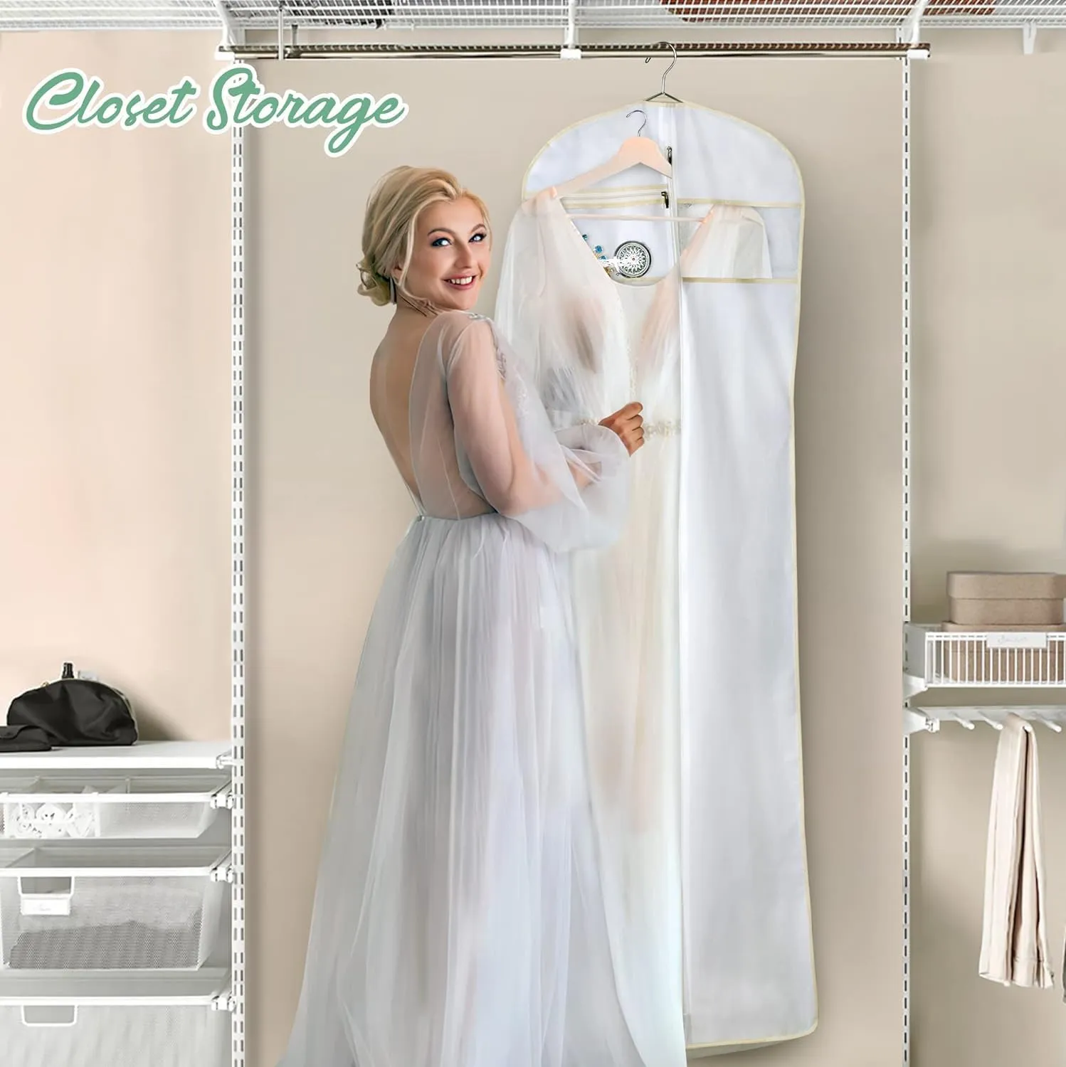 MISSLO 70" Bridal Wedding Gown Dress Garment Bag with Accessories Pouch Large Travel Garment Cover 8" Gusset (White)