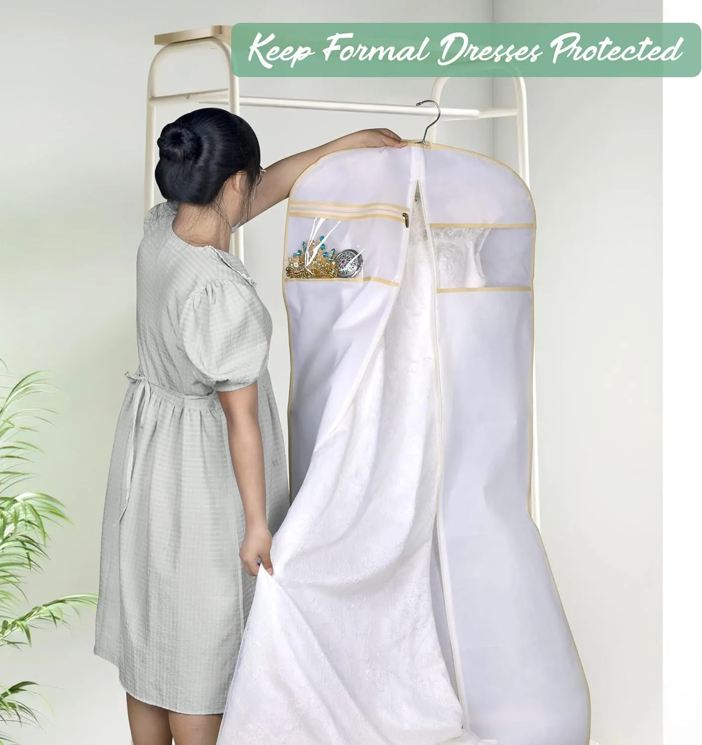 MISSLO 70" Bridal Wedding Gown Dress Garment Bag with Accessories Pouch Large Travel Garment Cover 8" Gusset (White)