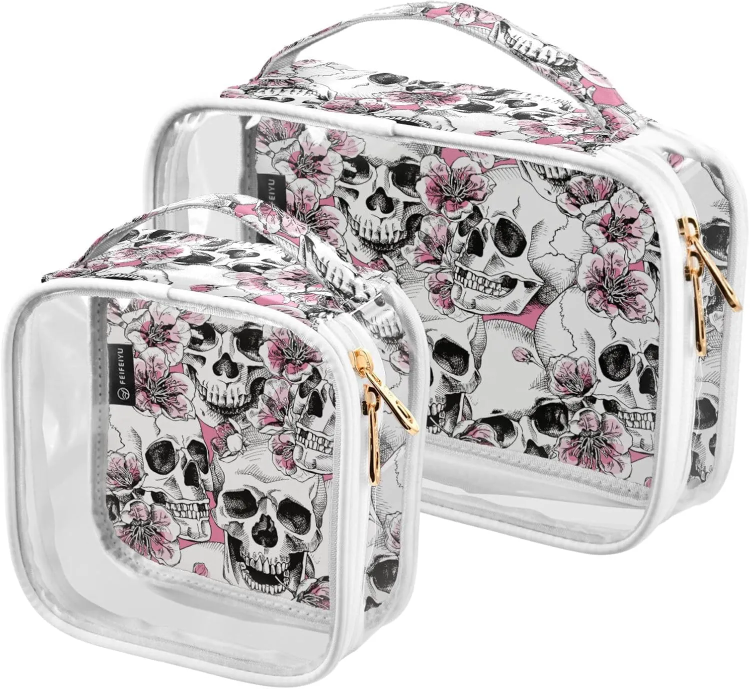 MNSRUU Clear Makeup Bags Pink Floral Skull Toiletry Bag for Women 2 PCS Waterproof Clear Bags Clear Travel Toiletry Bag Small Cosmetic Makeup Bag, Carry on Airport Airline Compliant Bag