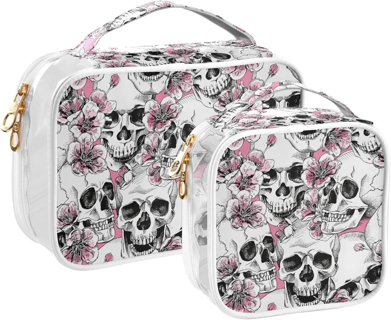MNSRUU Clear Makeup Bags Pink Floral Skull Toiletry Bag for Women 2 PCS Waterproof Clear Bags Clear Travel Toiletry Bag Small Cosmetic Makeup Bag, Carry on Airport Airline Compliant Bag