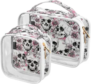 MNSRUU Clear Makeup Bags Pink Floral Skull Toiletry Bag for Women 2 PCS Waterproof Clear Bags Clear Travel Toiletry Bag Small Cosmetic Makeup Bag, Carry on Airport Airline Compliant Bag